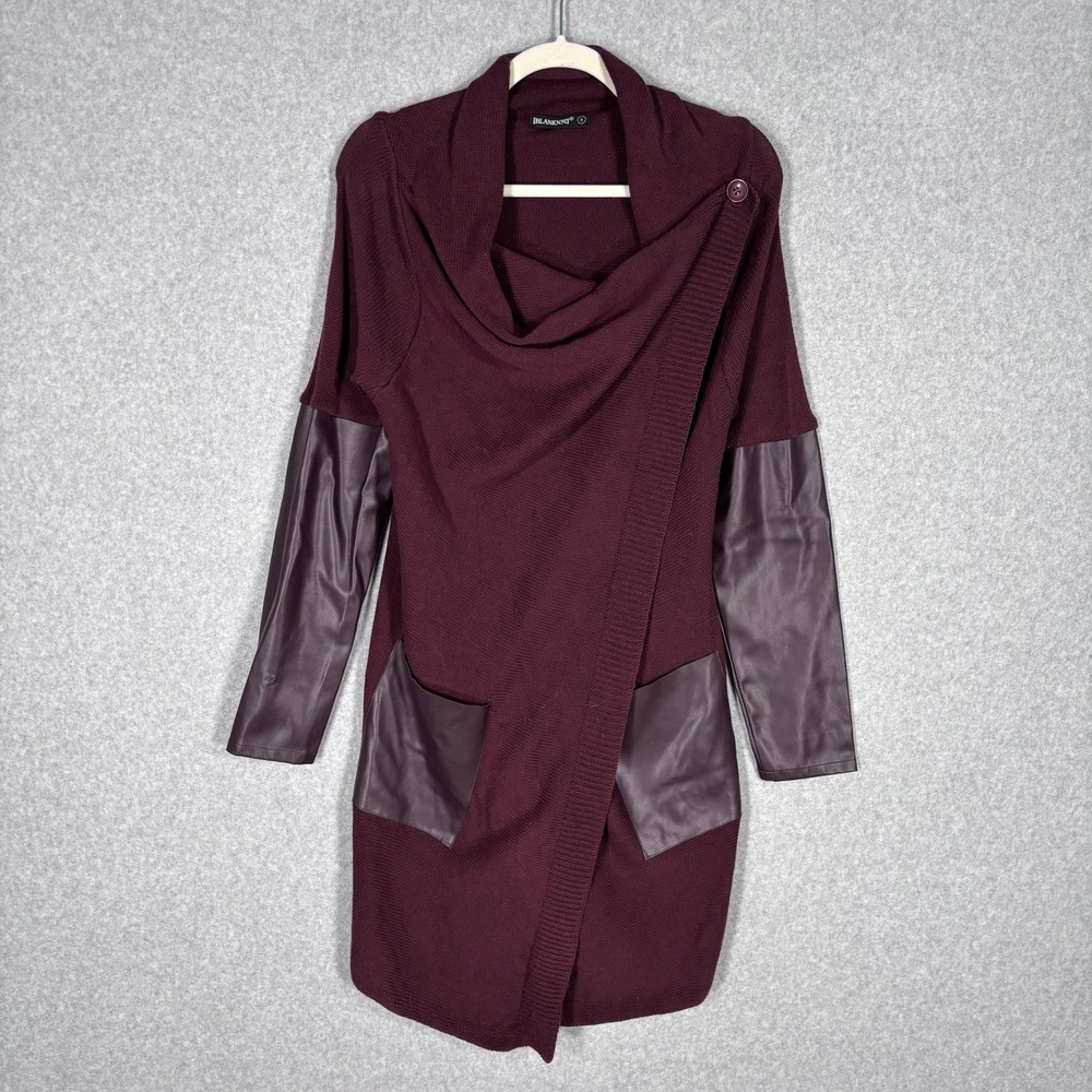 BLANKNYC Wrap Cardigan Sweater Duster Small Burgundy Faux Leather Sleeves Drape